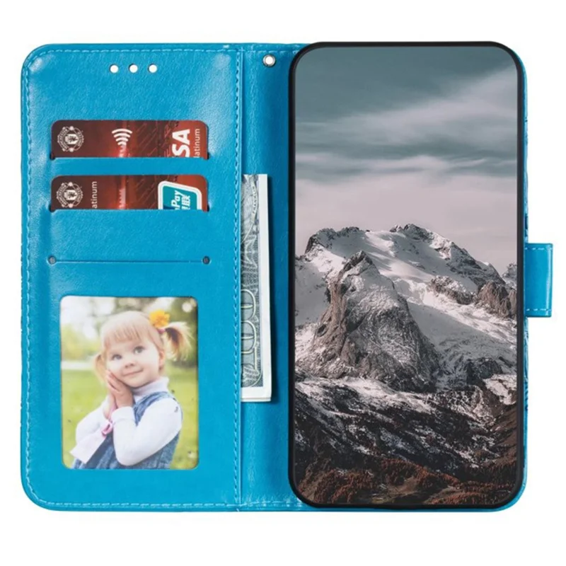 For iPhone 16 Case PU Leather Mandala Imprinted Design Wallet Phone Cover - Blue