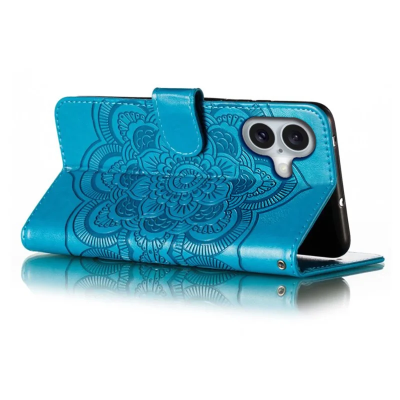 For iPhone 16 Case PU Leather Mandala Imprinted Design Wallet Phone Cover - Blue