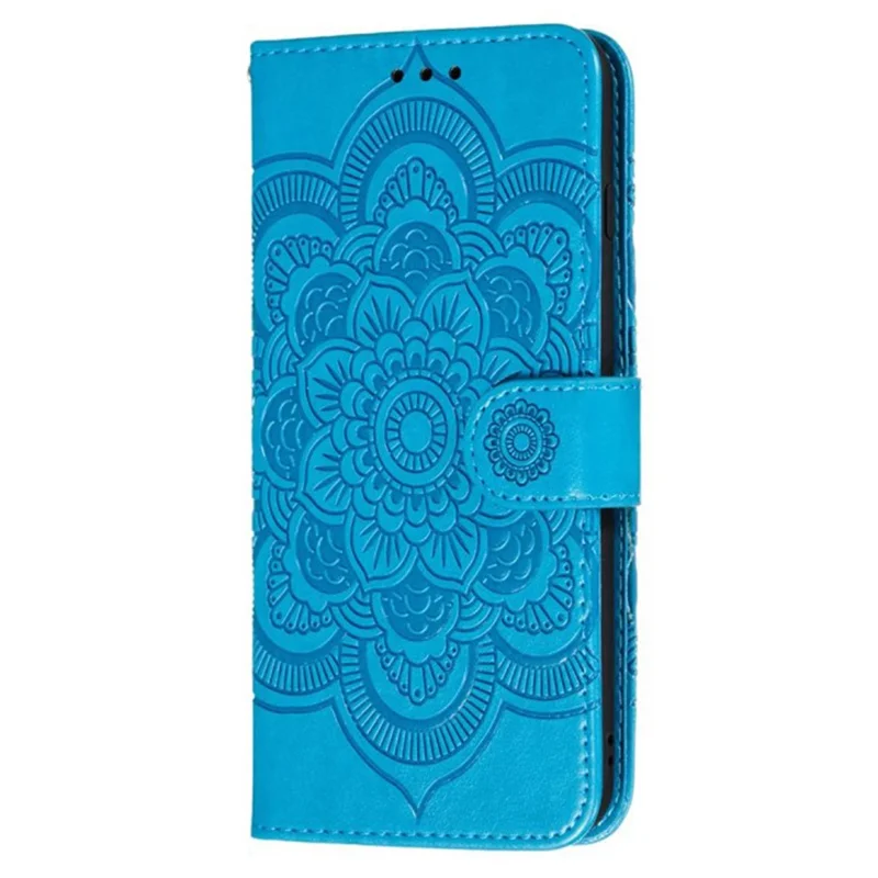 For iPhone 16 Case PU Leather Mandala Imprinted Design Wallet Phone Cover - Blue