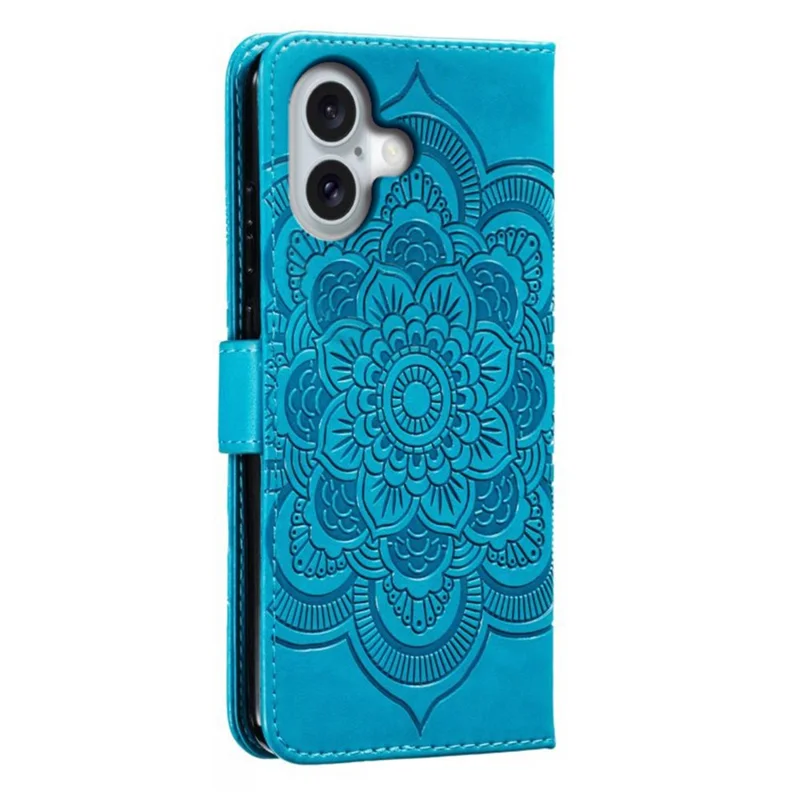 For iPhone 16 Case PU Leather Mandala Imprinted Design Wallet Phone Cover - Blue