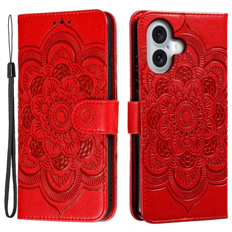 For iPhone 16 Case PU Leather Mandala Imprinted Design Wallet Phone Cover - Red