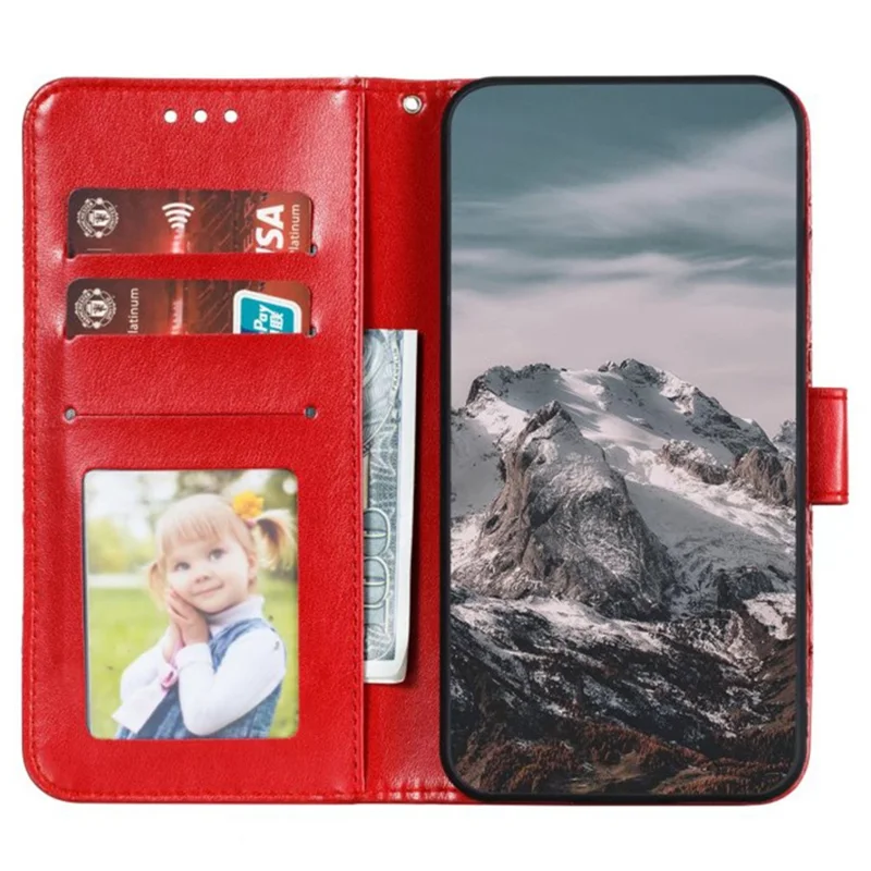 For iPhone 16 Case PU Leather Mandala Imprinted Design Wallet Phone Cover - Red