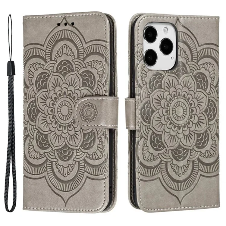 Para iPhone 16 Pro Max Case PU Leather Mandala Imprinted Design Wallet Phone Cover - Cinza