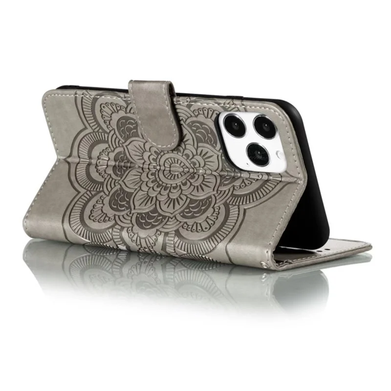 Para iPhone 16 Pro Max Case PU Leather Mandala Imprinted Design Wallet Phone Cover - Cinza