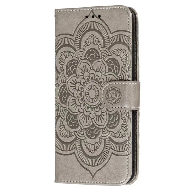 Para iPhone 16 Pro Max Case PU Leather Mandala Imprinted Design Wallet Phone Cover - Cinza