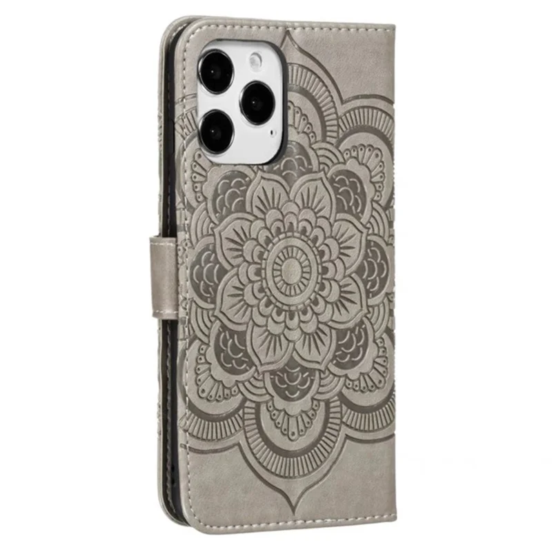 Para iPhone 16 Pro Max Case PU Leather Mandala Imprinted Design Wallet Phone Cover - Cinza