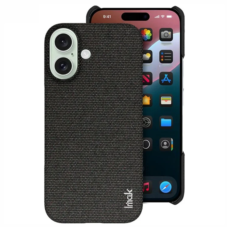 IMAK Ruiyi Series for iPhone 16 Case Fabric Texture Leather+PC Phone Back Cover - Black