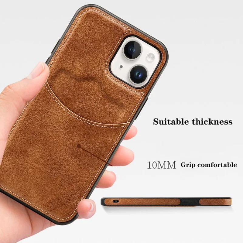 For iPhone 14 Cell Phone Cover Business Style Card Slot PU Leather+TPU Mobile Phone Case - Light Coffee