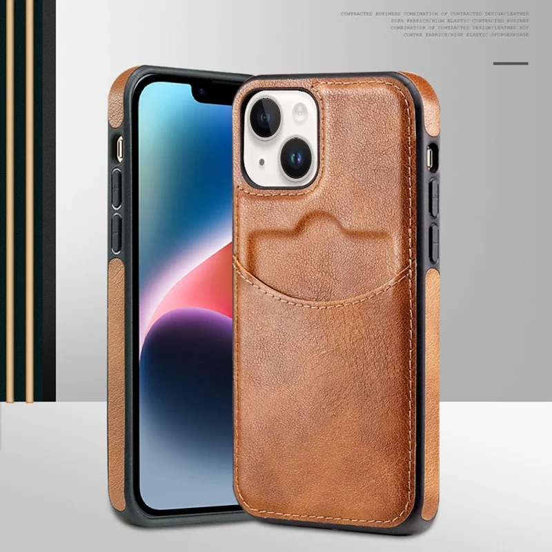For iPhone 14 Cell Phone Cover Business Style Card Slot PU Leather+TPU Mobile Phone Case - Light Coffee