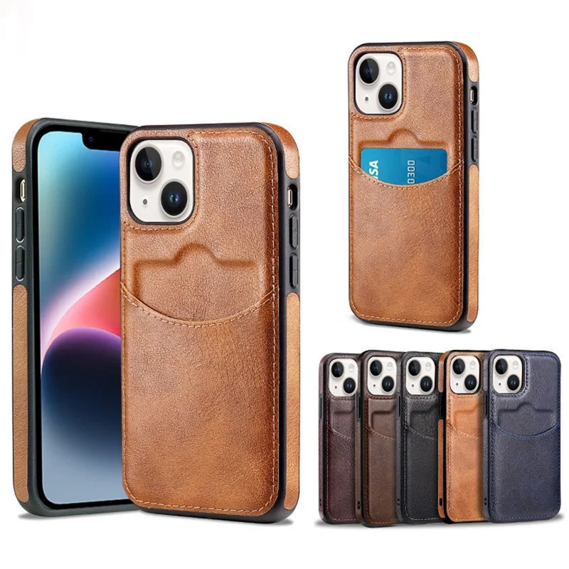 For iPhone 14 Cell Phone Cover Business Style Card Slot PU Leather+TPU Mobile Phone Case - Light Coffee