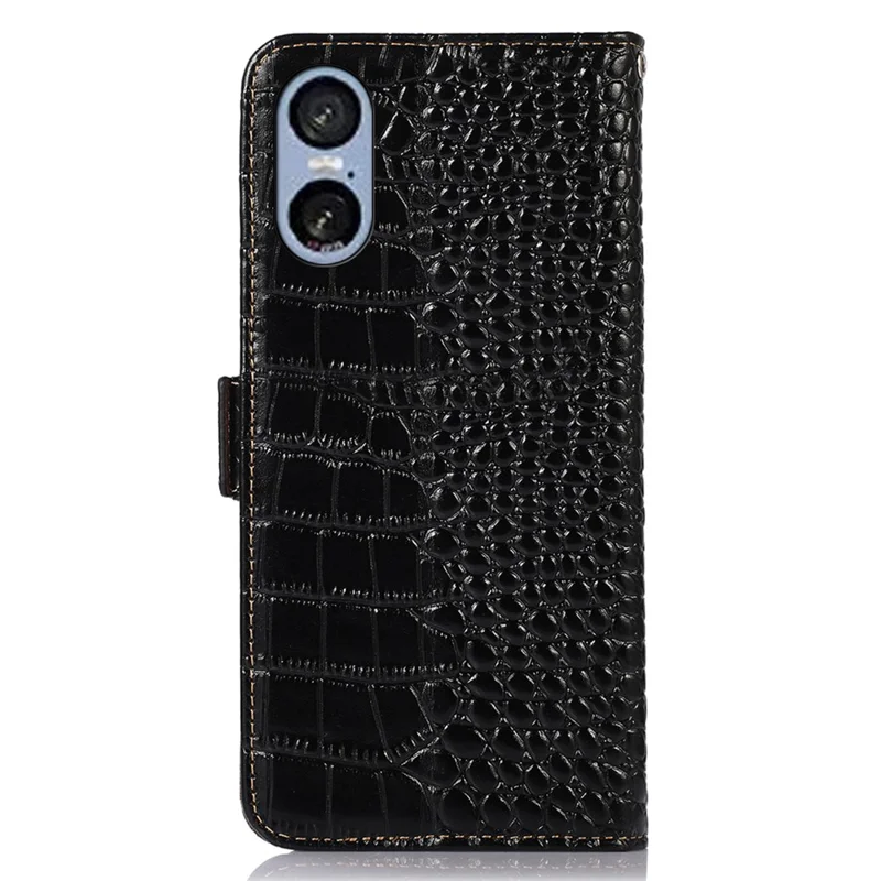 Для Sony Xperia 5 VI Case Crocodile Текстура Подлинная Кожаная Кожаная Обложка Кожи Кожи Кожи - Черный