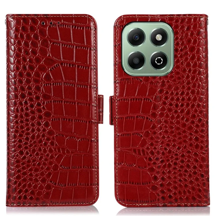 For Honor X6b 4G Case Crocodile Texture Genuine Cow Leather Phone Wallet Cover - Red