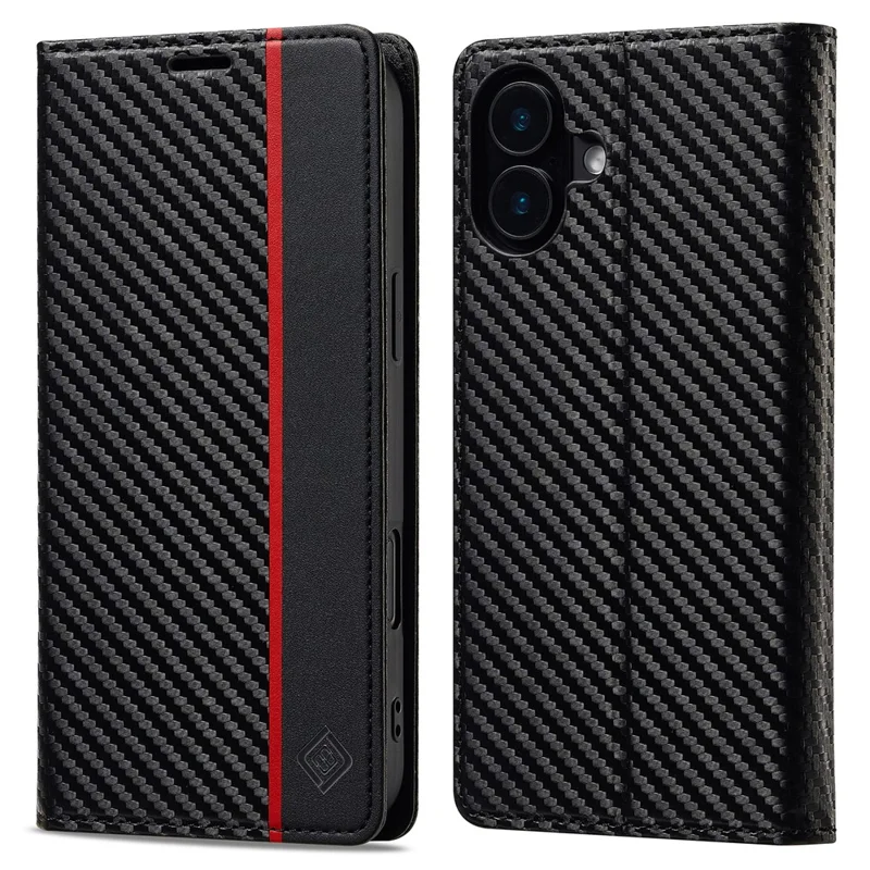 LC.IMEEKE For iPhone 16 Plus Case Carbon Fiber Texture Phone Cover Stand Card Holder - Vertical Stripe