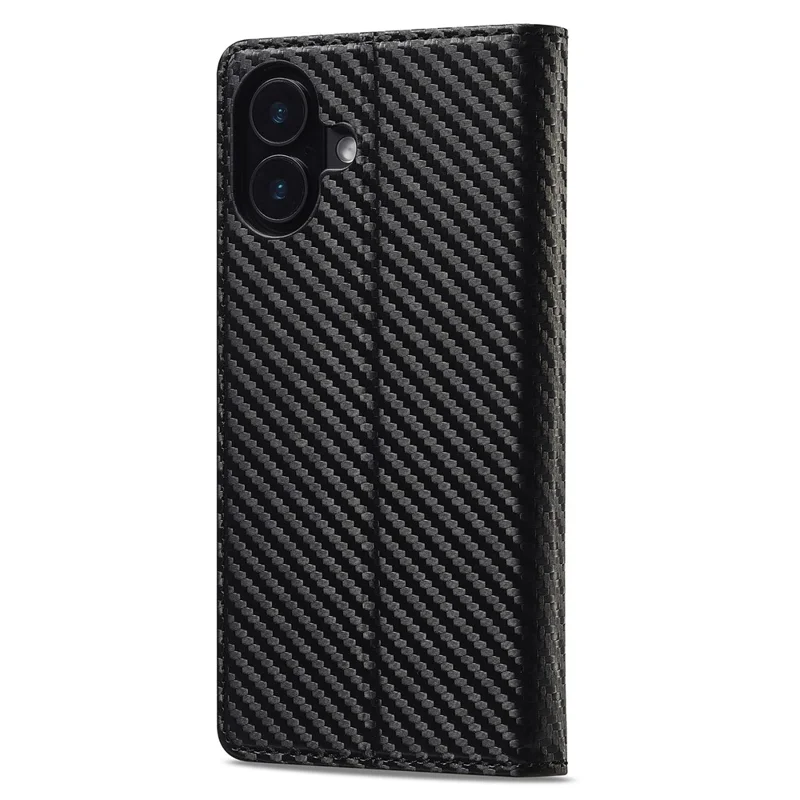 LC.IMEEKE For iPhone 16 Plus Case Carbon Fiber Texture Phone Cover Stand Card Holder - Vertical Stripe