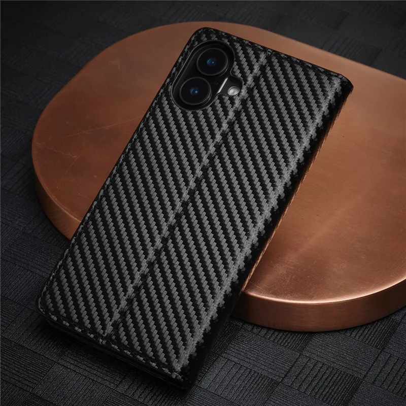 LC.IMEEKE For iPhone 16 Plus Case Carbon Fiber Texture Phone Cover Stand Card Holder - Vertical Stripe