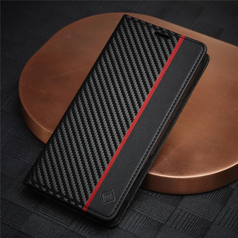 LC.IMEEKE For iPhone 16 Plus Case Carbon Fiber Texture Phone Cover Stand Card Holder - Vertical Stripe
