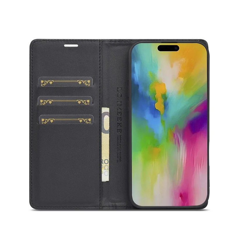 LC.IMEEKE For iPhone 16 Plus Case Carbon Fiber Texture Phone Cover Stand Card Holder - Vertical Stripe