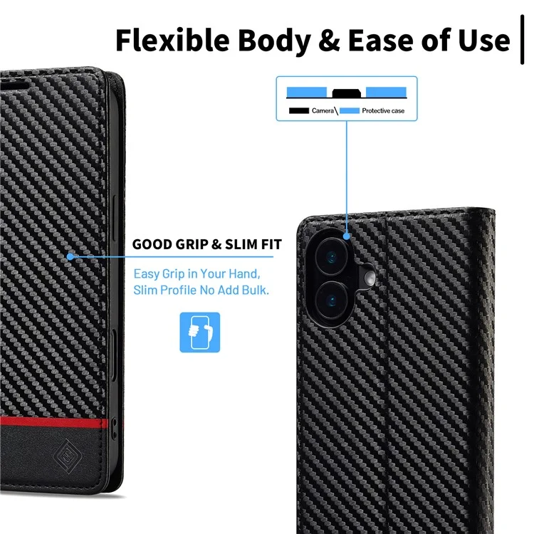LC.IMEEKE For iPhone 16 Case Carbon Fiber Texture Phone Cover Stand Card Holder - Horizontal Stripe