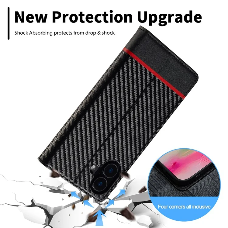 LC.IMEEKE For iPhone 16 Case Carbon Fiber Texture Phone Cover Stand Card Holder - Horizontal Stripe