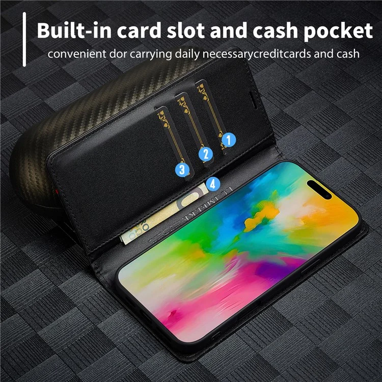 LC.IMEEKE For iPhone 16 Case Carbon Fiber Texture Phone Cover Stand Card Holder - Horizontal Stripe