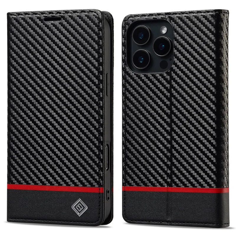 LC.IMEEKE For iPhone 16 Pro Max Case Carbon Fiber Texture Phone Cover Stand Card Holder - Horizontal Stripe