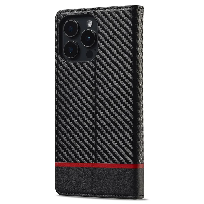 LC.IMEEKE For iPhone 16 Pro Max Case Carbon Fiber Texture Phone Cover Stand Card Holder - Horizontal Stripe