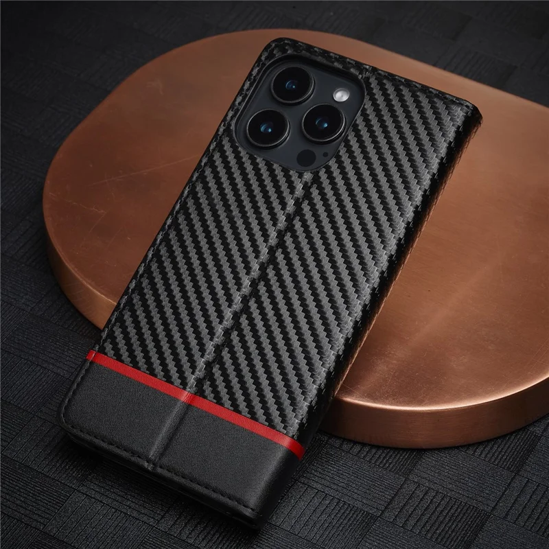 LC.IMEEKE For iPhone 16 Pro Max Case Carbon Fiber Texture Phone Cover Stand Card Holder - Horizontal Stripe