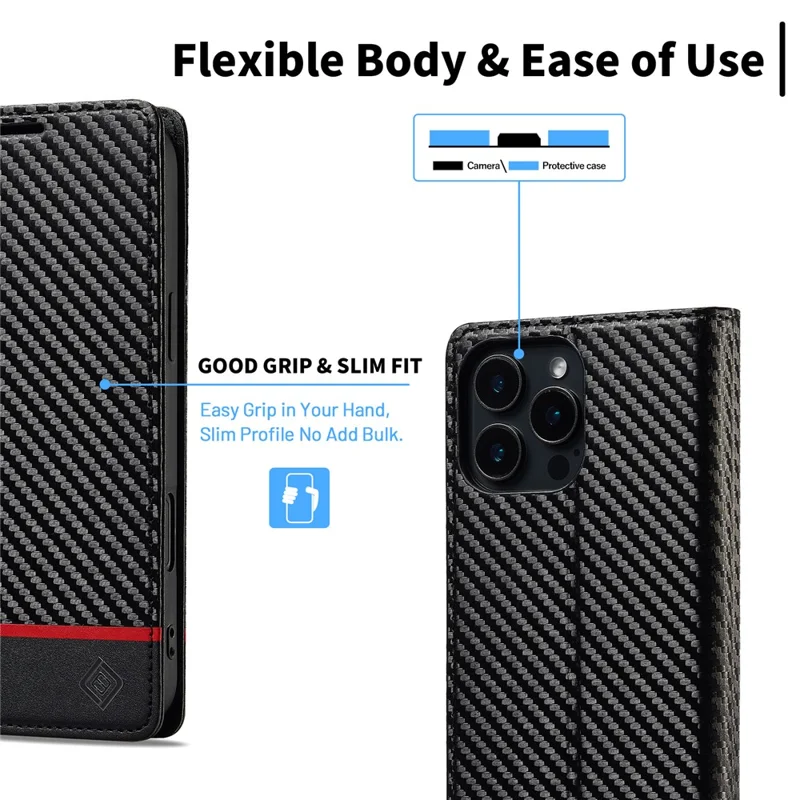 LC.IMEEKE For iPhone 16 Pro Max Case Carbon Fiber Texture Phone Cover Stand Card Holder - Horizontal Stripe