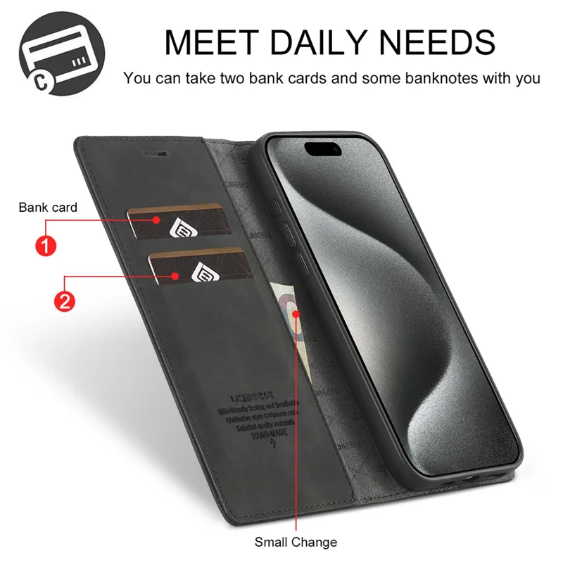 LC.IMEEKE Per iPhone 16 Pro Case Wallet Microfiber Leather Phone Cover - Nero