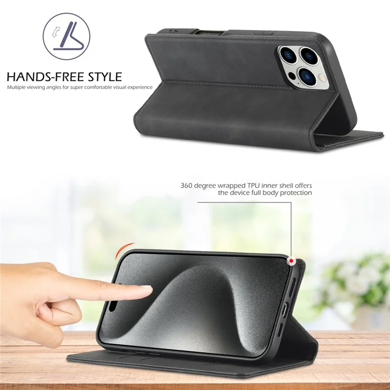 LC.IMEEKE Per iPhone 16 Pro Case Wallet Microfiber Leather Phone Cover - Nero