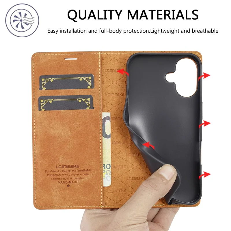 LC.IMEEKE Per iPhone 16 Plus Case Wallet Microfiber Leather Phone Cover - Marrone