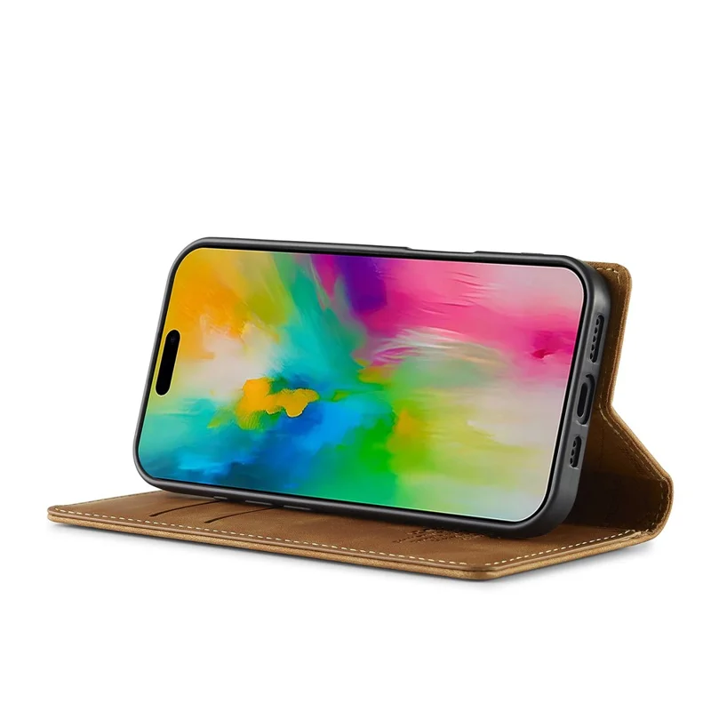 LC.IMEEKE For iPhone 16 Case Wallet Microfiber Leather Phone Cover - Brown