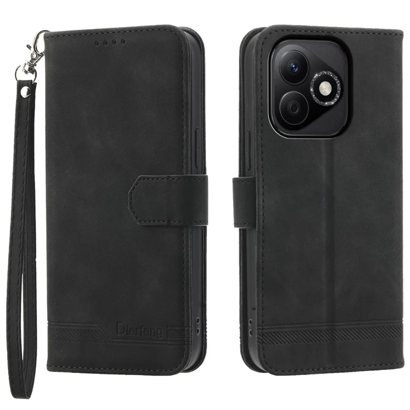 DIERFENG DF-03 For Honor X60i 5G Leather Case Lines Imprint Wallet Phone Cover - Black
