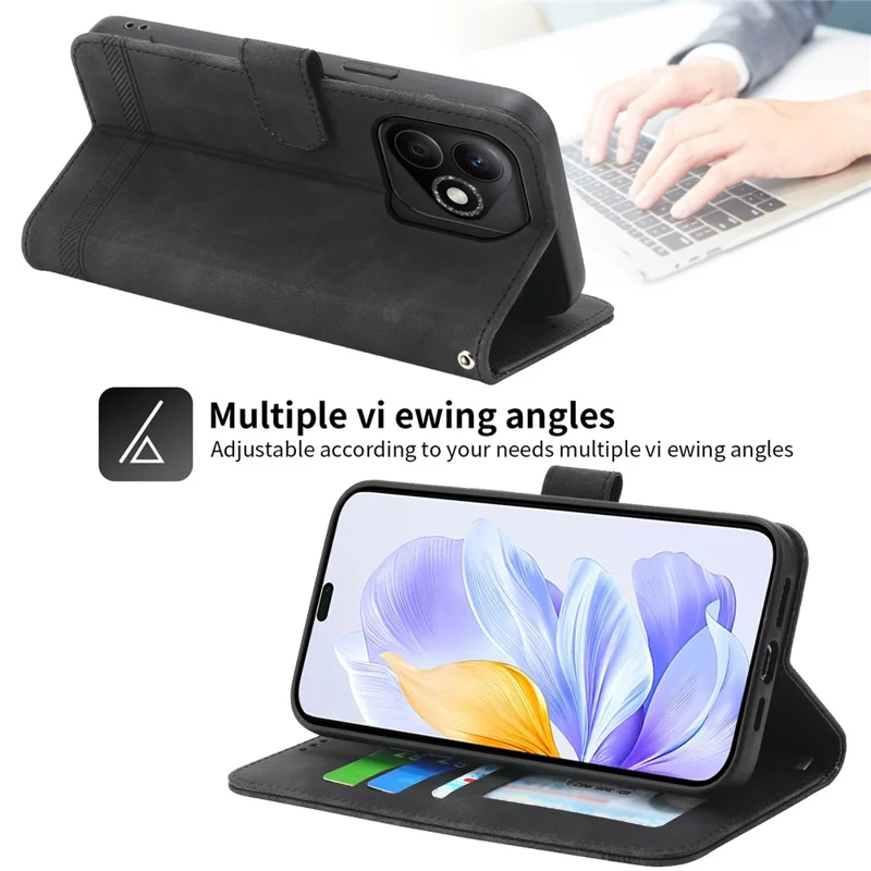 DIERFENG DF-03 For Honor X60i 5G Leather Case Lines Imprint Wallet Phone Cover - Black