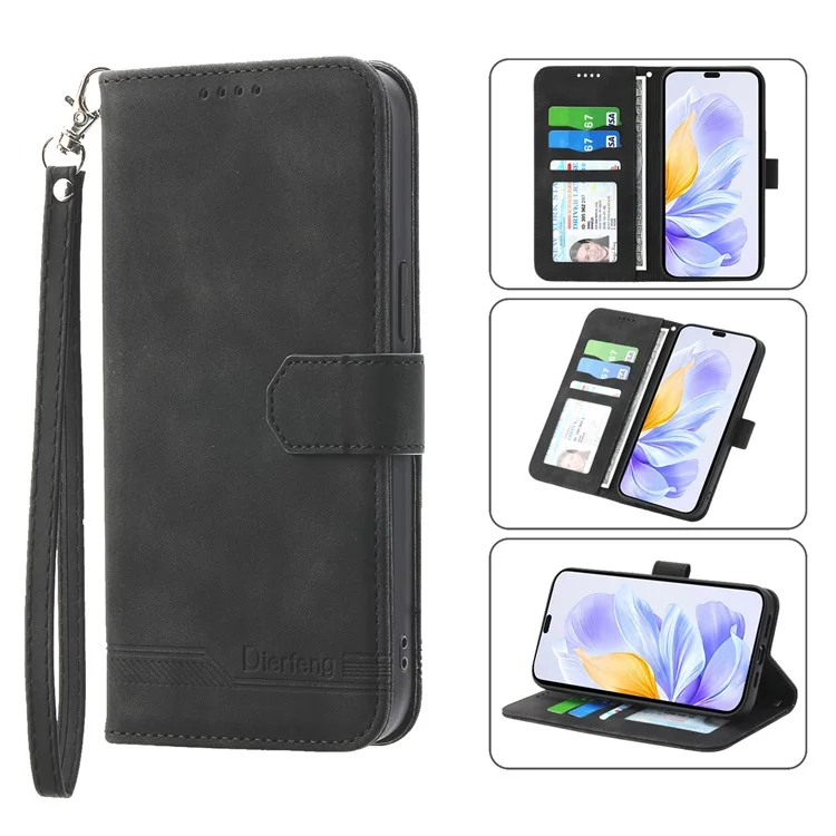 DIERFENG DF-03 For Honor X60i 5G Leather Case Lines Imprint Wallet Phone Cover - Black
