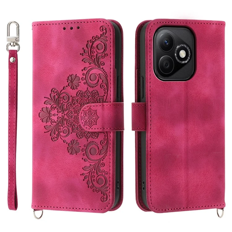 For Honor X60i 5G Case Flower Pattern PU Leather Wallet Phone Cover with Strap - Wine Red