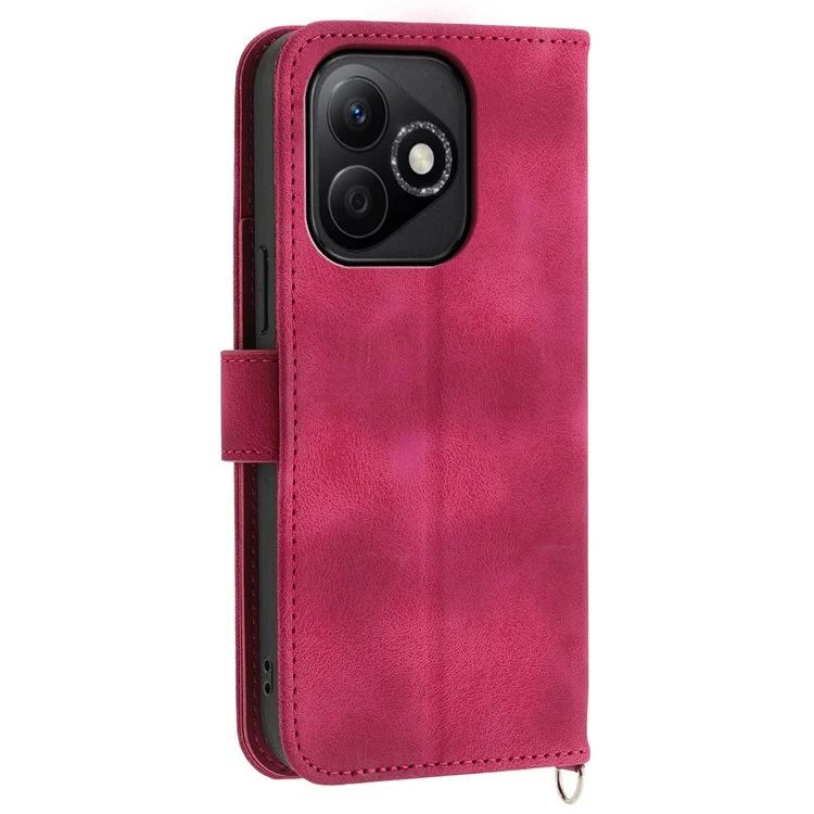 For Honor X60i 5G Case Flower Pattern PU Leather Wallet Phone Cover with Strap - Wine Red