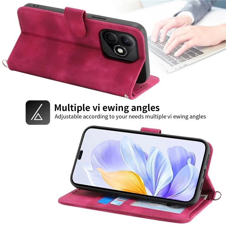 For Honor X60i 5G Case Flower Pattern PU Leather Wallet Phone Cover with Strap - Wine Red