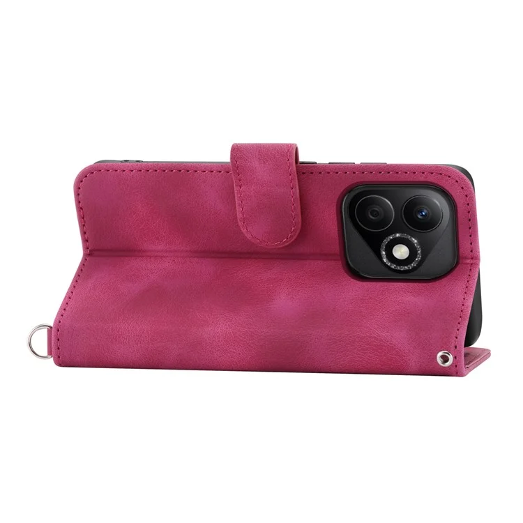 For Honor X60i 5G Case Flower Pattern PU Leather Wallet Phone Cover with Strap - Wine Red