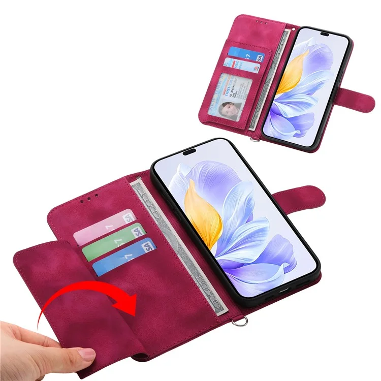 For Honor X60i 5G Case Flower Pattern PU Leather Wallet Phone Cover with Strap - Wine Red