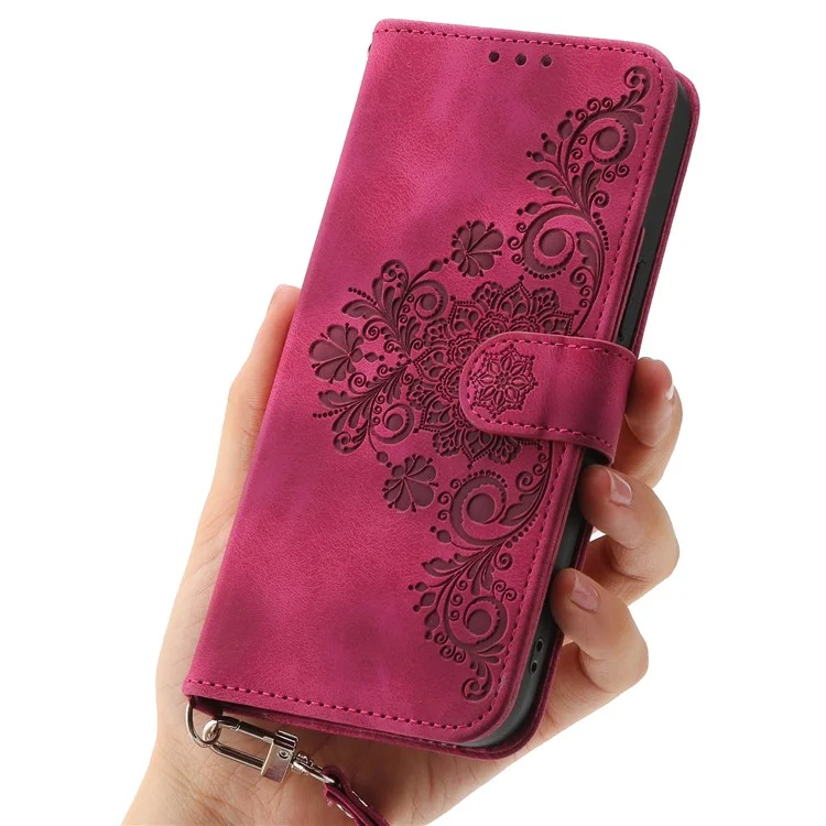 For Honor X60i 5G Case Flower Pattern PU Leather Wallet Phone Cover with Strap - Wine Red