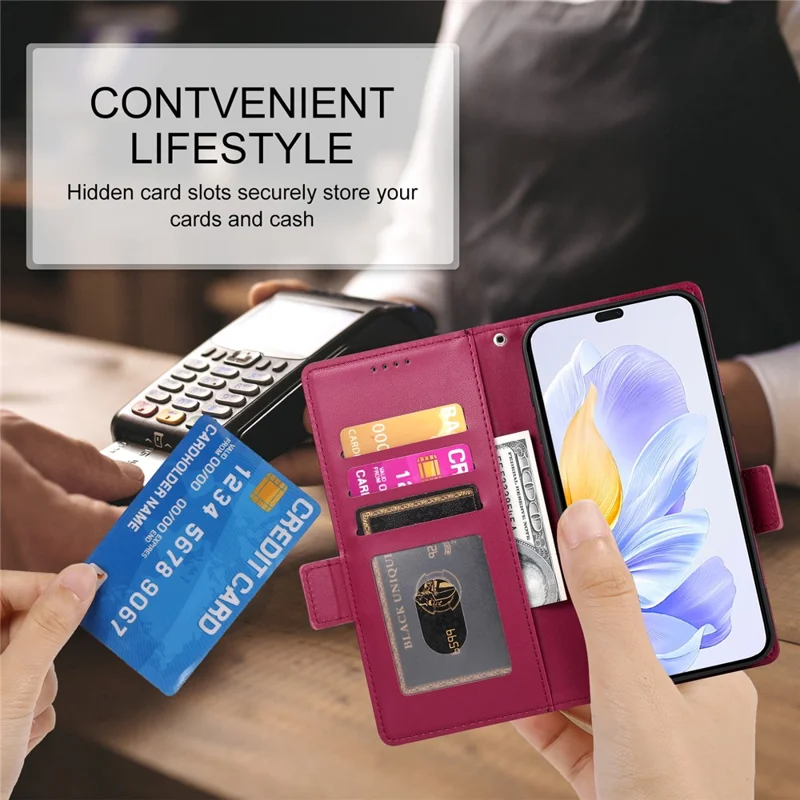 DF-010 For Honor X60i 5G Stand Case PU Leather Wallet Phone Cover - Wine Red