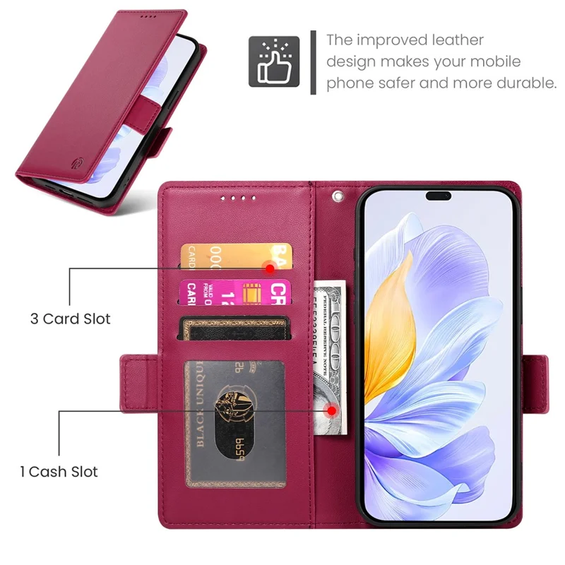 DF-010 For Honor X60i 5G Stand Case PU Leather Wallet Phone Cover - Wine Red
