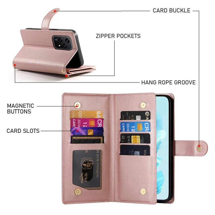 DF-011 Para Honor 200 Lite Case Case Pocket Pocket Willet Telephip Cover With Straps - Rosa