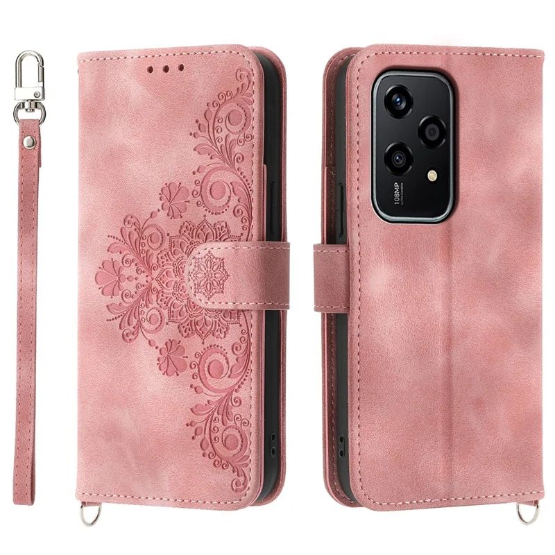 Para Honor 200 Lite Case Patrón de Flores PU Cuero de Cuero Portada Con Correa - Rosa