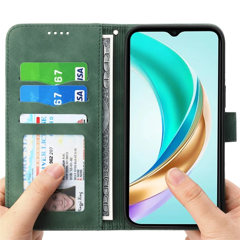 DIERFENG DF-03 For Honor X6b 4G Leather Case Lines Imprint Wallet Phone Cover - Green