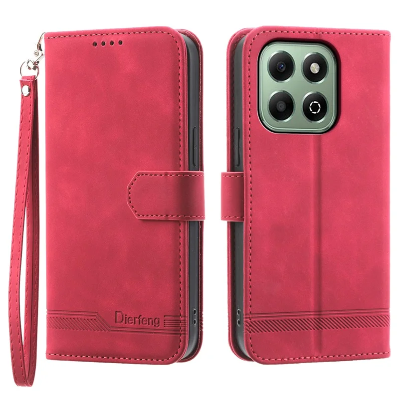DIERFENG DF-03 For Honor X6b 4G Leather Case Lines Imprint Wallet Phone Cover - Red