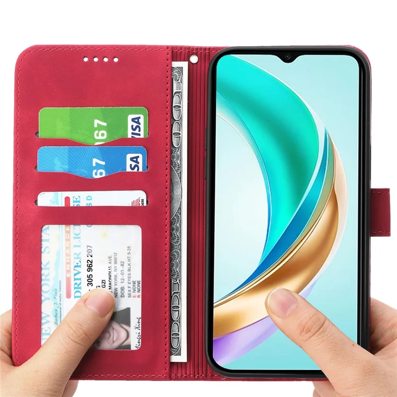 DIERFENG DF-03 For Honor X6b 4G Leather Case Lines Imprint Wallet Phone Cover - Red