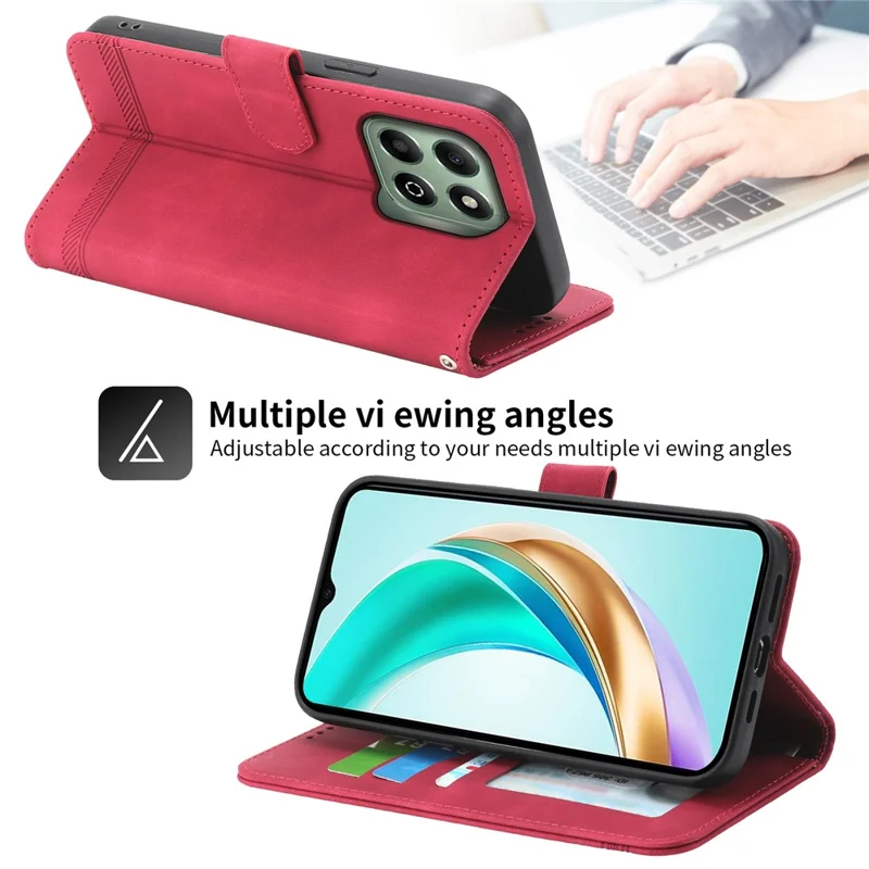 DIERFENG DF-03 For Honor X6b 4G Leather Case Lines Imprint Wallet Phone Cover - Red