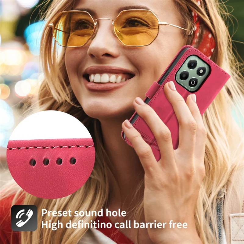 DIERFENG DF-03 For Honor X6b 4G Leather Case Lines Imprint Wallet Phone Cover - Red